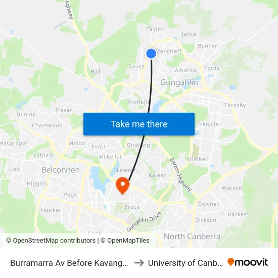 Burramarra Av Before Kavangal Cct to University of Canberra map