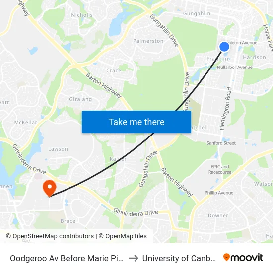 Oodgeroo Av Before Marie Pitt St to University of Canberra map