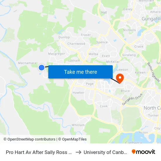 Pro Hart Av After Sally Ross Way to University of Canberra map