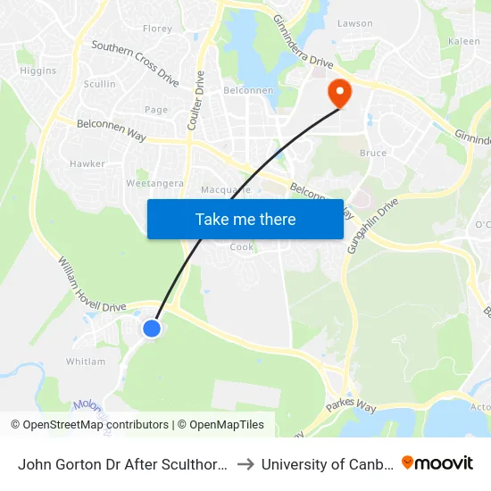 John Gorton Dr After Sculthorpe Av to University of Canberra map