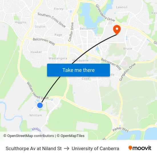 Sculthorpe Av at Niland St to University of Canberra map