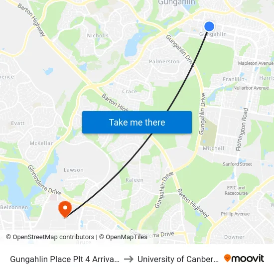 Gungahlin Place Plt 4 Arrivals to University of Canberra map