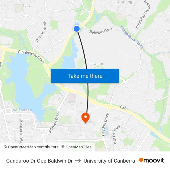 Gundaroo Dr Opp Baldwin Dr to University of Canberra map