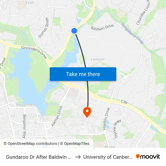Gundaroo Dr After Baldwin Dr to University of Canberra map