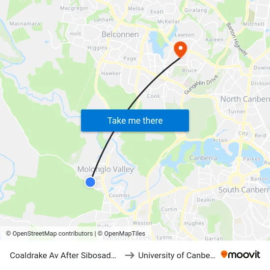 Coaldrake Av After Sibosado St to University of Canberra map