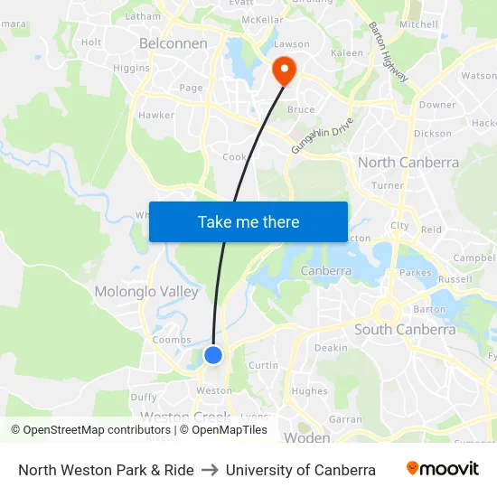 North Weston Park & Ride to University of Canberra map