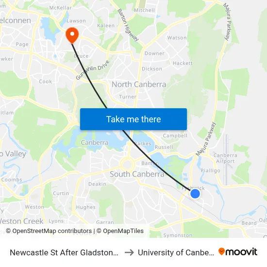 Newcastle St After Gladstone St to University of Canberra map
