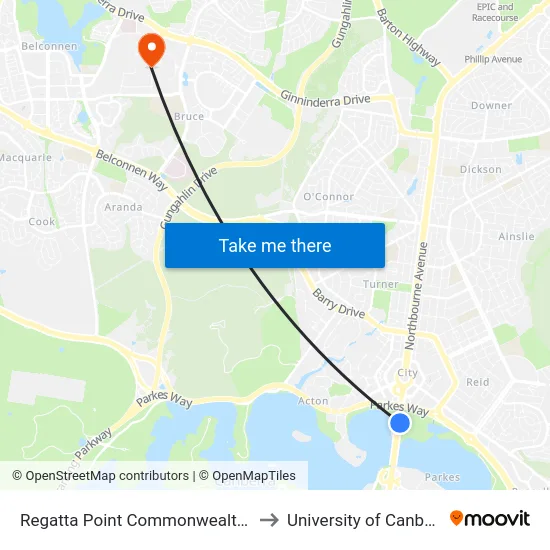 Regatta Point Commonwealth Av to University of Canberra map