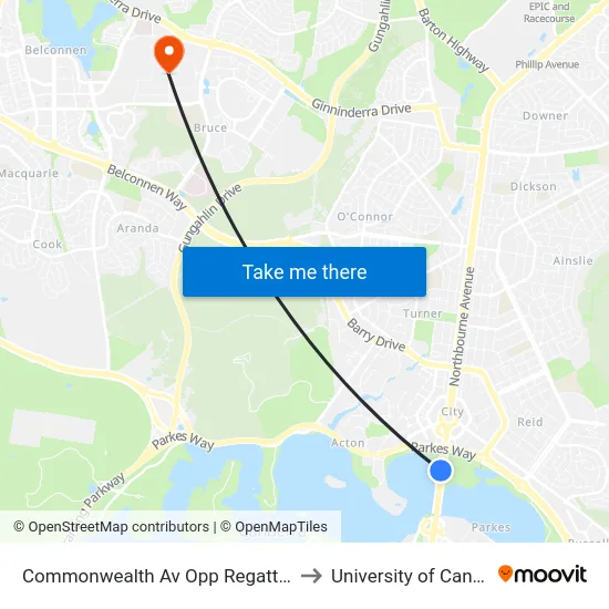 Commonwealth Av Opp Regatta Point to University of Canberra map
