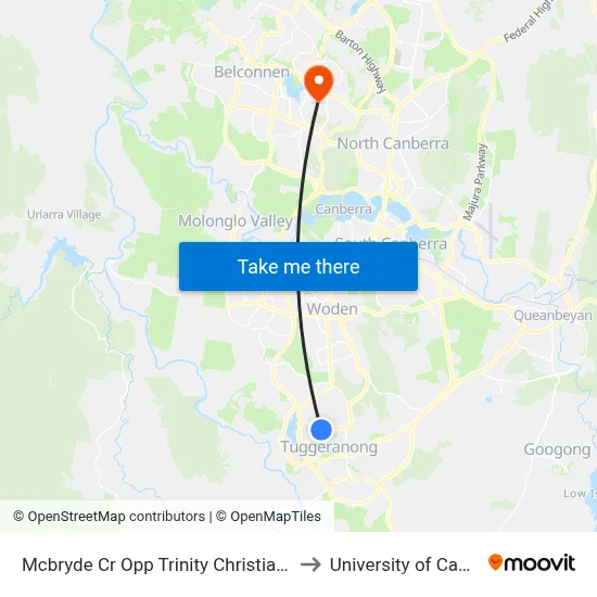 Mcbryde Cr Opp Trinity Christian School to University of Canberra map