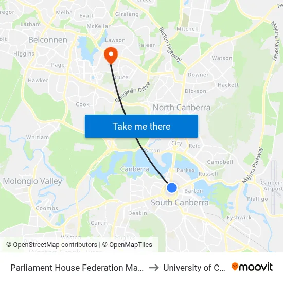 Parliament House Federation Mall Northbound to University of Canberra map