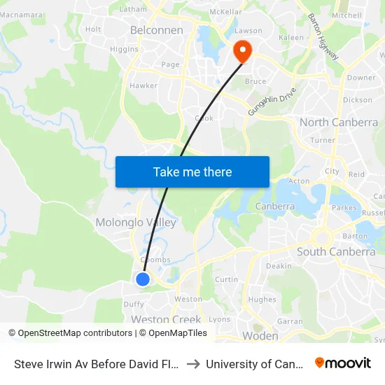 Steve Irwin Av Before David Fleay St to University of Canberra map