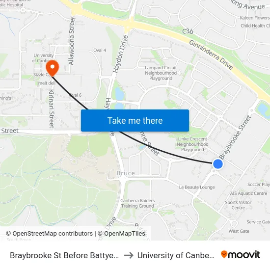 Braybrooke St Before Battye St to University of Canberra map