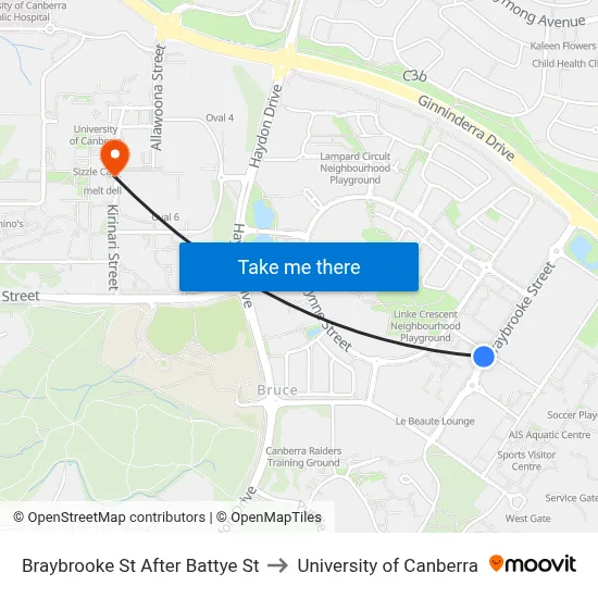 Braybrooke St After Battye St to University of Canberra map