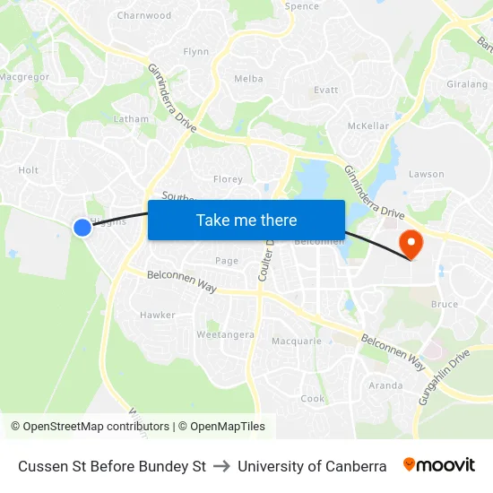 Cussen St Before Bundey St to University of Canberra map