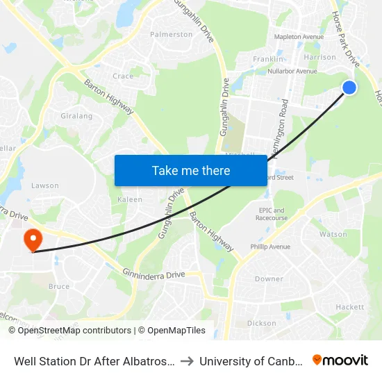 Well Station Dr After Albatross Cr to University of Canberra map