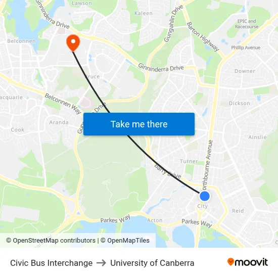 Civic Bus Interchange to University of Canberra map