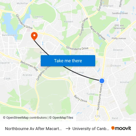 Northbourne Av After Macarthur Av to University of Canberra map