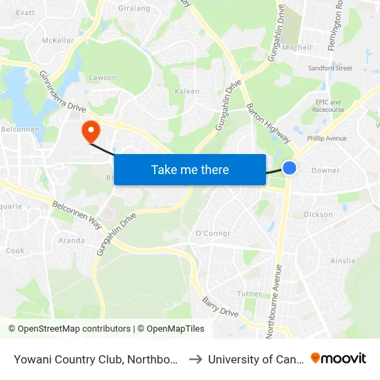 Yowani Country Club, Northbourne Ave to University of Canberra map