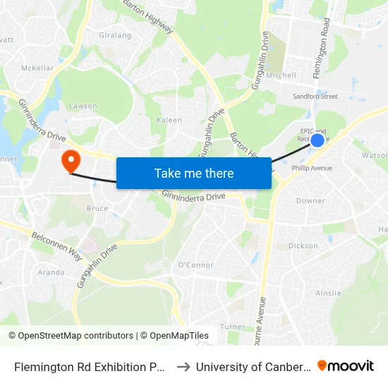 Flemington Rd Exhibition Park to University of Canberra map