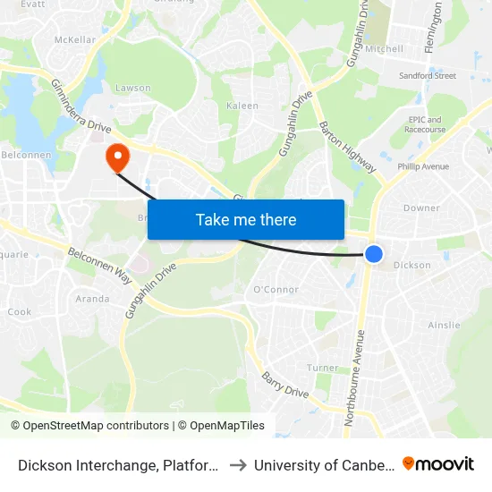Dickson Interchange, Platform 2 to University of Canberra map