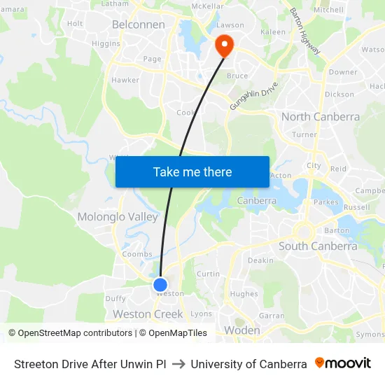 Streeton Drive After Unwin Pl to University of Canberra map
