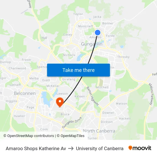 Amaroo Shops Katherine Av to University of Canberra map