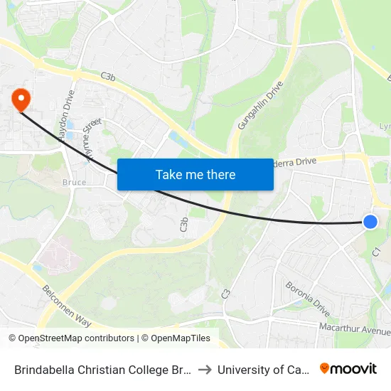 Brindabella Christian College Brigalow St to University of Canberra map