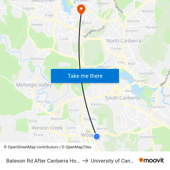 Bateson Rd After Canberra Hospital to University of Canberra map