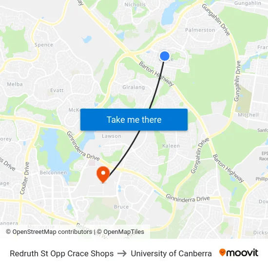 Redruth St Opp Crace Shops to University of Canberra map