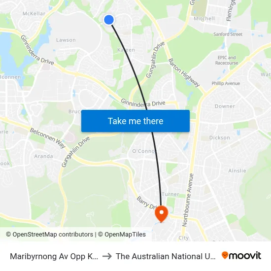 Maribyrnong Av Opp Kaleen Village to The Australian National University (ANU) map