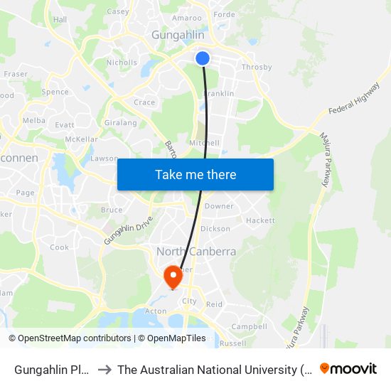 Gungahlin Place to The Australian National University (ANU) map