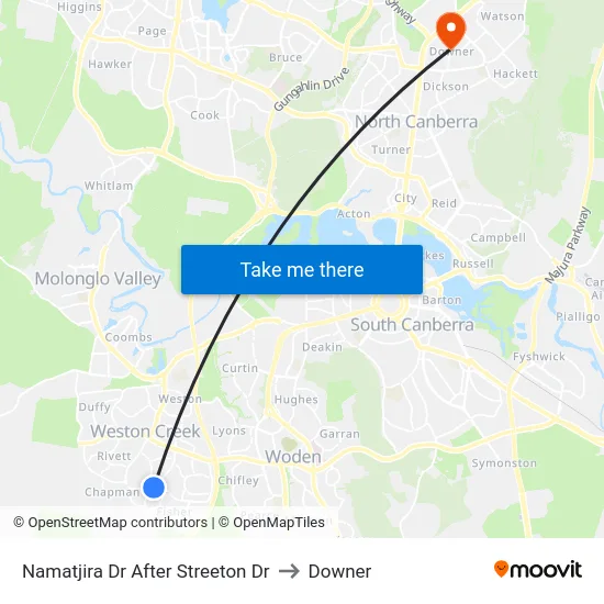 Namatjira Dr After Streeton Dr to Downer map