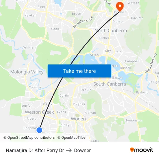 Namatjira Dr After Perry Dr to Downer map