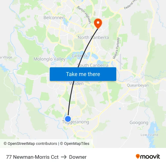 77 Newman-Morris Cct to Downer map