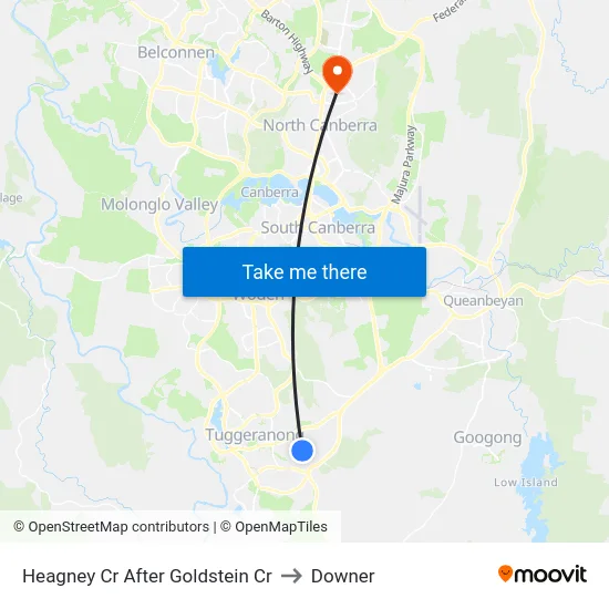 Heagney Cr After Goldstein Cr to Downer map