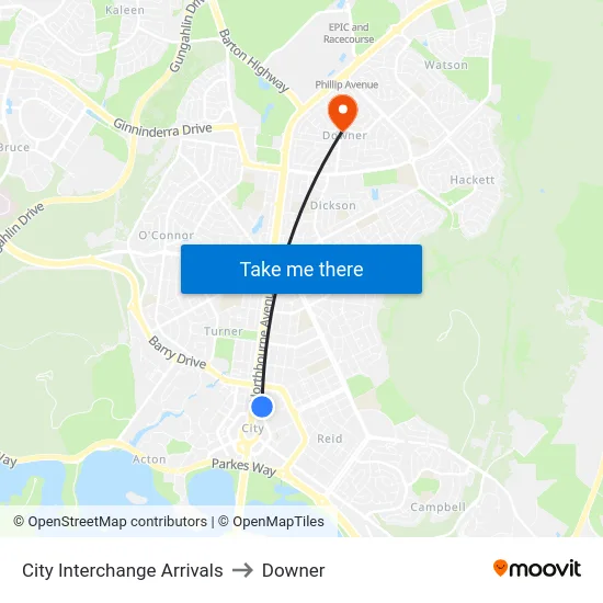 City Interchange Arrivals to Downer map