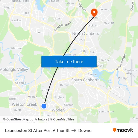 Launceston St After Port Arthur St to Downer map