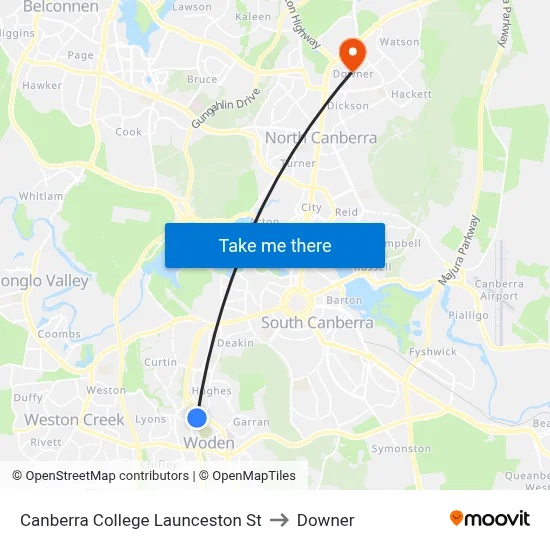 Canberra College Launceston St to Downer map