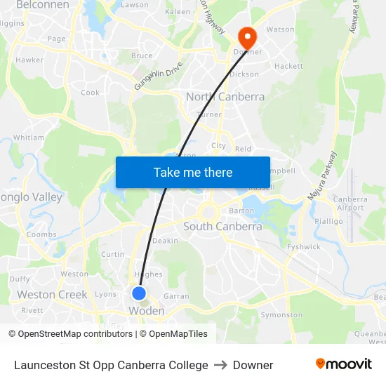 Launceston St Opp Canberra College to Downer map