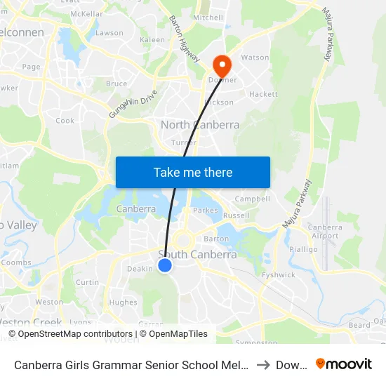 Canberra Girls Grammar Senior School Melbourne Av to Downer map