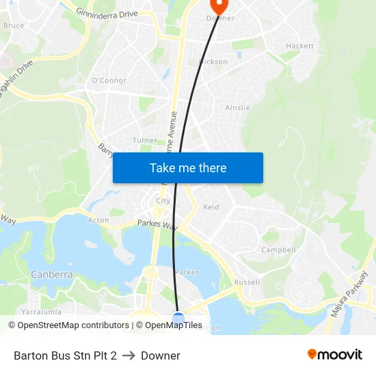 Barton Bus Stn Plt 2 to Downer map