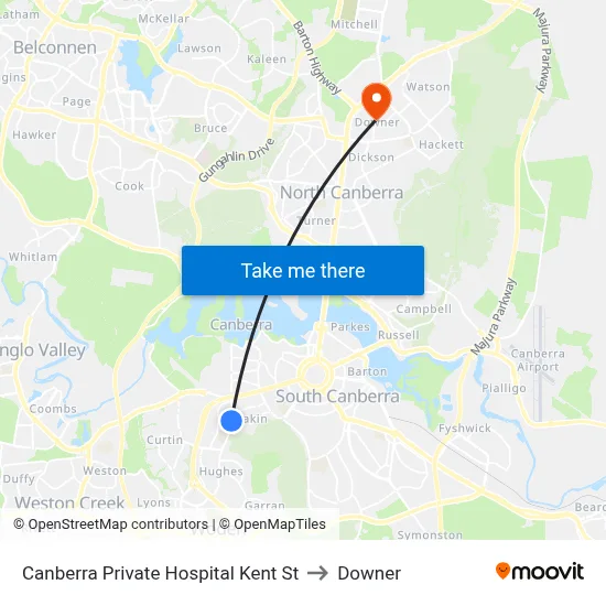 Canberra Private Hospital Kent St to Downer map