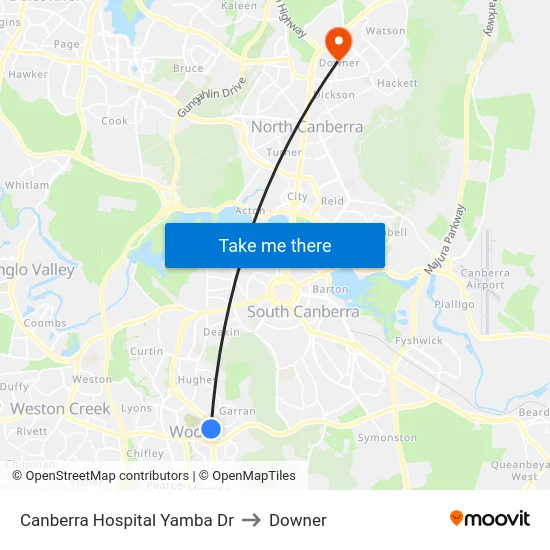 Canberra Hospital Yamba Dr to Downer map