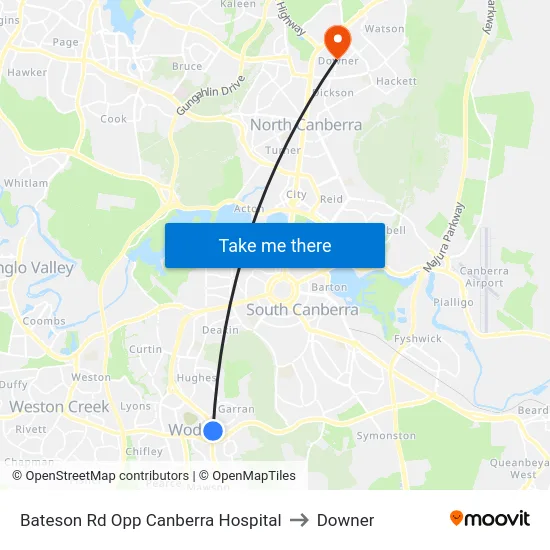 Bateson Rd Opp Canberra Hospital to Downer map