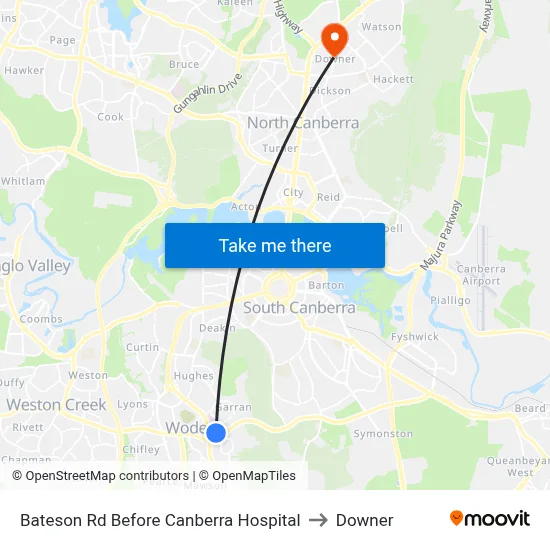 Bateson Rd Before Canberra Hospital to Downer map