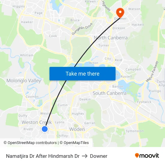 Namatjira Dr After Hindmarsh Dr to Downer map
