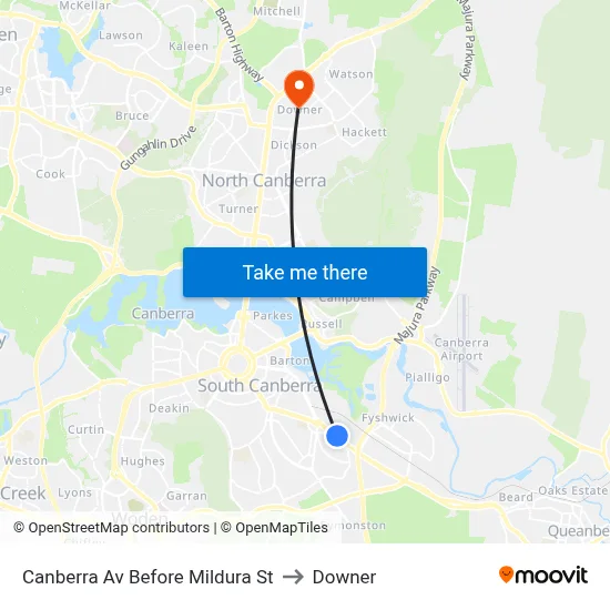 Canberra Av Before Mildura St to Downer map