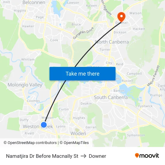 Namatjira Dr Before Macnally St to Downer map