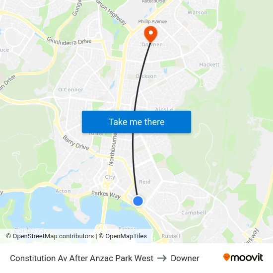 Constitution Av After Anzac Park West to Downer map